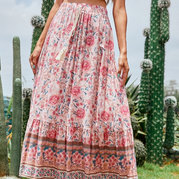 Boho Pink Floral Tassel Ruffle Maxi Skirt Gypsy - Picture 12 of 15